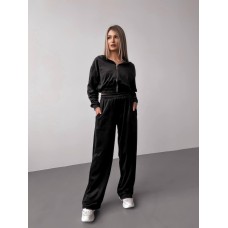Женский велюровый костюм двойка: кофта с капюшоном+брюки с карманами черный