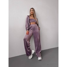 Женский велюровый костюм двойка: кофта с капюшоном+брюки с карманами слива