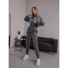 Велюровый костюм двойка: кофта на змейке с капюшоном+штаны с манжетами графит