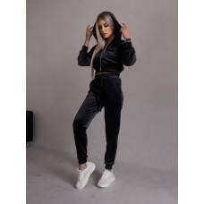 Велюровый костюм двойка: кофта на змейке с капюшоном+штаны с манжетами черный
