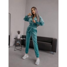 Велюровый костюм двойка: кофта на змейке с капюшоном+штаны с манжетами мята