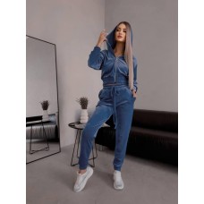 Велюровый костюм двойка: кофта на змейке с капюшоном+штаны с манжетами джинс