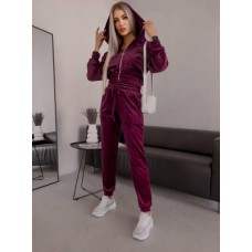 Велюровый костюм двойка: кофта на змейке с капюшоном+штаны с манжетами марсала