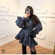 Женственный костюм из коттона поплина (рубашка с пышными рукавами+юбка с оборочкой) графит