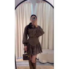 Женственный костюм из коттона поплина (рубашка с пышными рукавами+юбка с оборочкой) шоколад