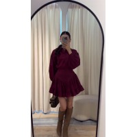 Женственный костюм из коттона поплина (рубашка с пышными рукавами+юбка с оборочкой) бордо
