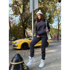 Базовый теплый костюм брюки с высокой посадкой+свободная удлиненная кофточка с карманами графит