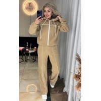 Костюм с контрастным кантом (кофта на молнии+капюшоном+прямые брюки) флис бежевый