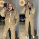 Костюм с контрастным кантом (кофта на молнии+капюшоном+прямые брюки) флис бежевый