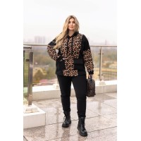 Теплый костюм (кофта с капюшоном на молнии с карманами+брюки высокая посадка) черный+лео