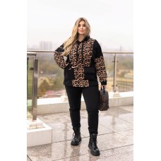 Теплый костюм (кофта с капюшоном на молнии с карманами+брюки высокая посадка) черный+лео