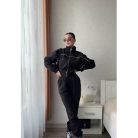 Мягкий костюм из флиса с вставкой канта (кофта на молнии+брюки низ на резинке) черный
