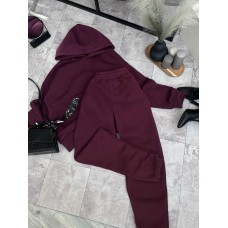 Теплый костюм из трехнитки на флисе (худи с карманом+капюшоном+брюки с манжетой по низу) марсала