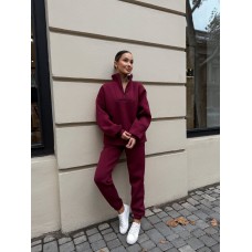Костюм из хлопка на флисе (кофта с воротником на молнии+брюки с манжетой по низу) бургунди