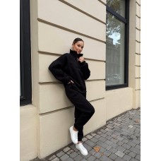 Костюм из хлопка на флисе (кофта с воротником на молнии+брюки с манжетой по низу) черный