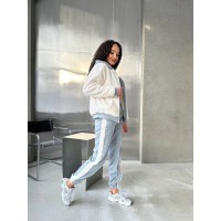 Мягкий костюм (кофта на молнии с капюшоном из махры+брюки с лампасами из трехнитки) серо-белый