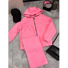 Прогулочный теплый костюм с кантом (кофта на змейке с капюшоном+свободные брюки) розовый