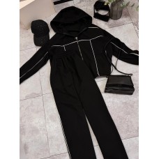 Прогулочный теплый костюм с кантом (кофта на змейке с капюшоном+свободные брюки) черный