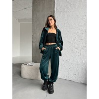 Велюровый костюм (кофта на молнии+брюки с манжетой на резинке) изумруд