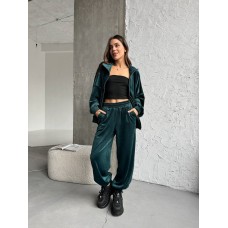 Велюровый костюм (кофта на молнии+брюки с манжетой на резинке) изумруд
