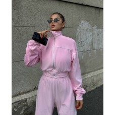 Велюровый костюм с кантом (укороченная кофта с капюшоном+по низу манжета+брюки) розовый