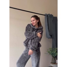 Плюшевый костюм (кофта с капюшоном+брюки на манжетах по низу) графит
