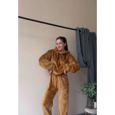 Плюшевый костюм (кофта с капюшоном+брюки на манжетах по низу) песочный