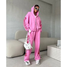 Трикотажный костюм с накатом (кофта с капюшоном на молнии+брюки с карманами) розовый