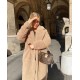 Шубка из меха барашка с карманами на пуговицах длиной миди бежевый
