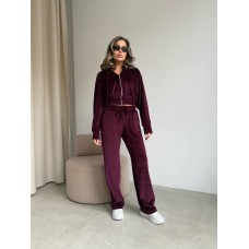Спортивный велюровый костюм (укороченная кофта на молнии+брюки прямого кроя) бордо