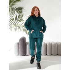 Велюровый костюм (кофта с капюшоном+карманом кенгуру+брюки низ на манжете) зеленый
