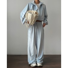 Велюровый оверсайз костюм (кофта с капюшоном+брюки с карманами) серо-голубой