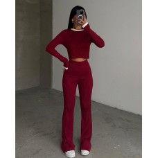 Базовый трикотажный костюм (прямого кроя брюки+укороченная кофточка) бордо