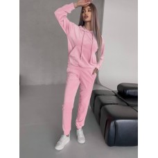 Велюровый базовый костюм: кофта с капюшоном с завязкой и карманом кенгуру+штаны с карманами розовый