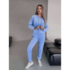 Велюровый базовый костюм: кофта с капюшоном с завязкой и карманом кенгуру+штаны с карманами голубой