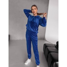 Велюровый базовый костюм: кофта с капюшоном с завязкой и карманом кенгуру+штаны с карманами электрик