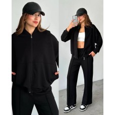 Базовый оверсайз костюм из двухнитки (брюки со стрелками+кофта на молнии+воротник стойка) черный