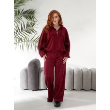 Велюровый костюм (кофта с капюшоном+воротник на молнии+брюки прямого кроя) бордо