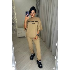 Женский спортивный костюм-двойка футболка + штаны бежевый