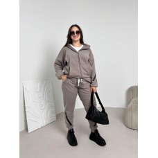 Спортивный костюм: Кофта на молнии с карманы кенгуру+Брюки высокая посадка мокко