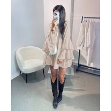 Легкое платье oversize с рукавами-воланами+поясом на талии бежевый