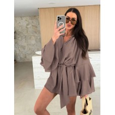 Легкое платье oversize с рукавами-воланами+поясом на талии мокко
