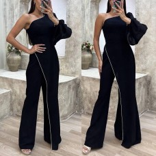 Комбенизон из плотной костюмки с пышным рукавом черный