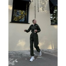 Уютный комбинезон (кофта с капюшоном+брюки с карманами) трехнитка на флисе хаки