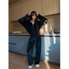 Велюровый комбинезон (кофта на молнии с капюшоном+свободные брюки) черный