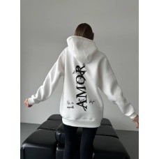 Теплый худи «AMOR» с капюшоном+накатом на спинке трехнитка на флисе белый