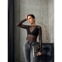 Воздушная ажурная кофточка с длиным рукавом из сетки в горошек черный