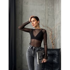 Воздушная ажурная кофточка с длиным рукавом из сетки в горошек черный