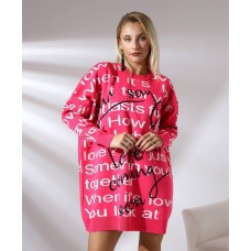 Свитер-туника Oversize принт надписи по низу манжета малина