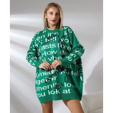 Свитер-туника Oversize принт надписи по низу манжета трава